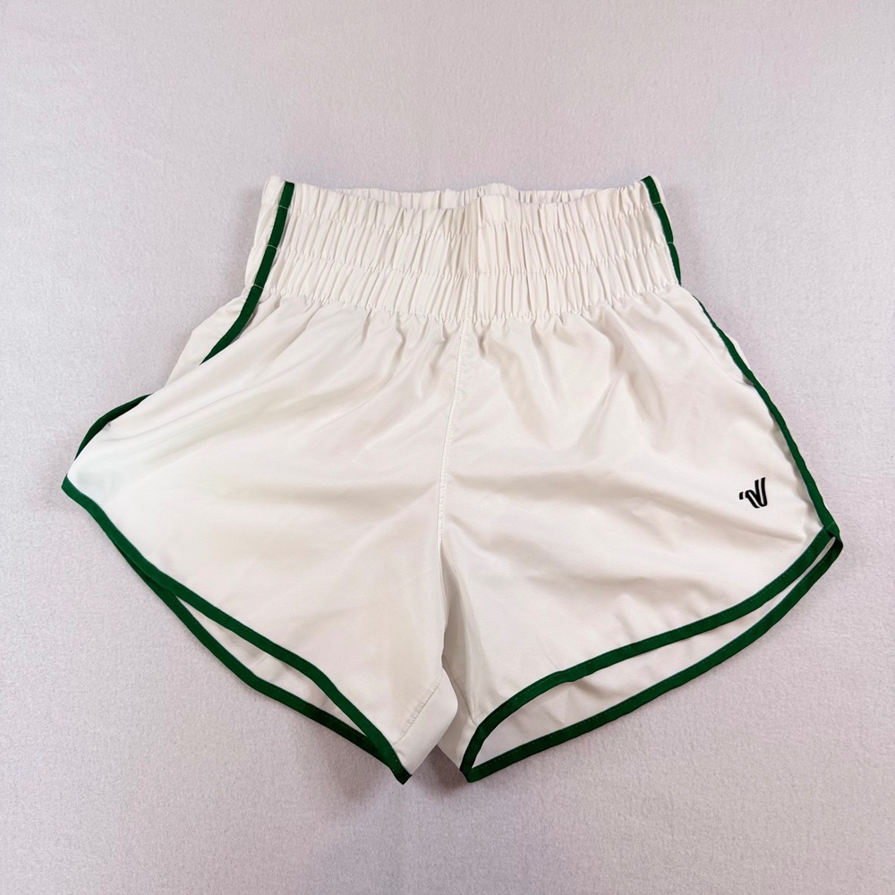 Varsity Spirit Women White Green Trim Smocked Waist Cheer Athletic Shorts Small